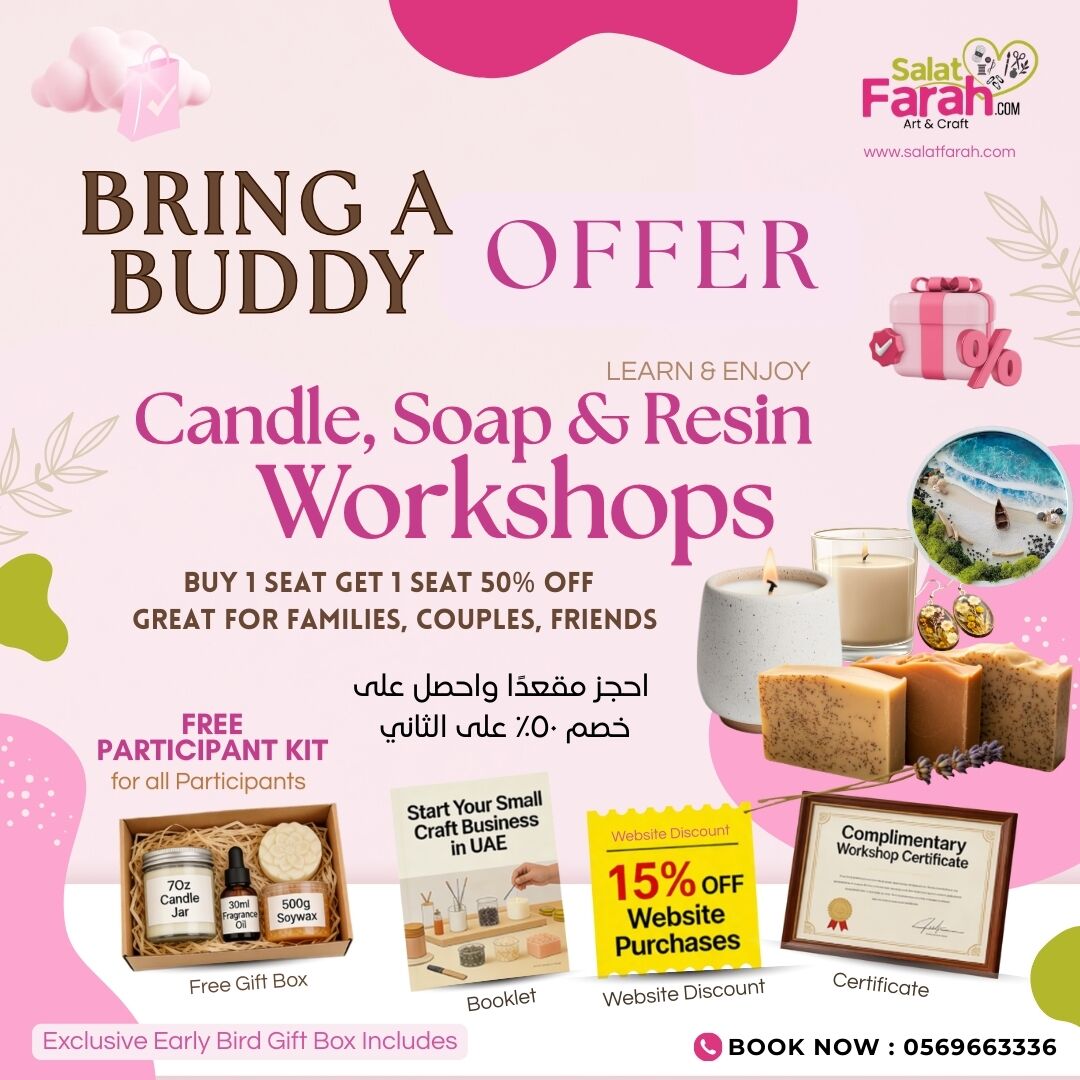 Bring a Buddy Offer Candle, Soap & Resin Workshops provide hands-on creative training for individuals, groups, and aspiring small business owners. These workshops cover candle making, soap crafting, and resin art techniques using premium materials and guided instruction. Participants learn practical skills such as material selection, safe handling, molding, coloring, and finishing to create high-quality handmade products. Conducted in the UAE, these workshops are ideal for beginners and advanced learners seeking creative skills, DIY experience, or professional craft knowledge in a supportive learning environment.