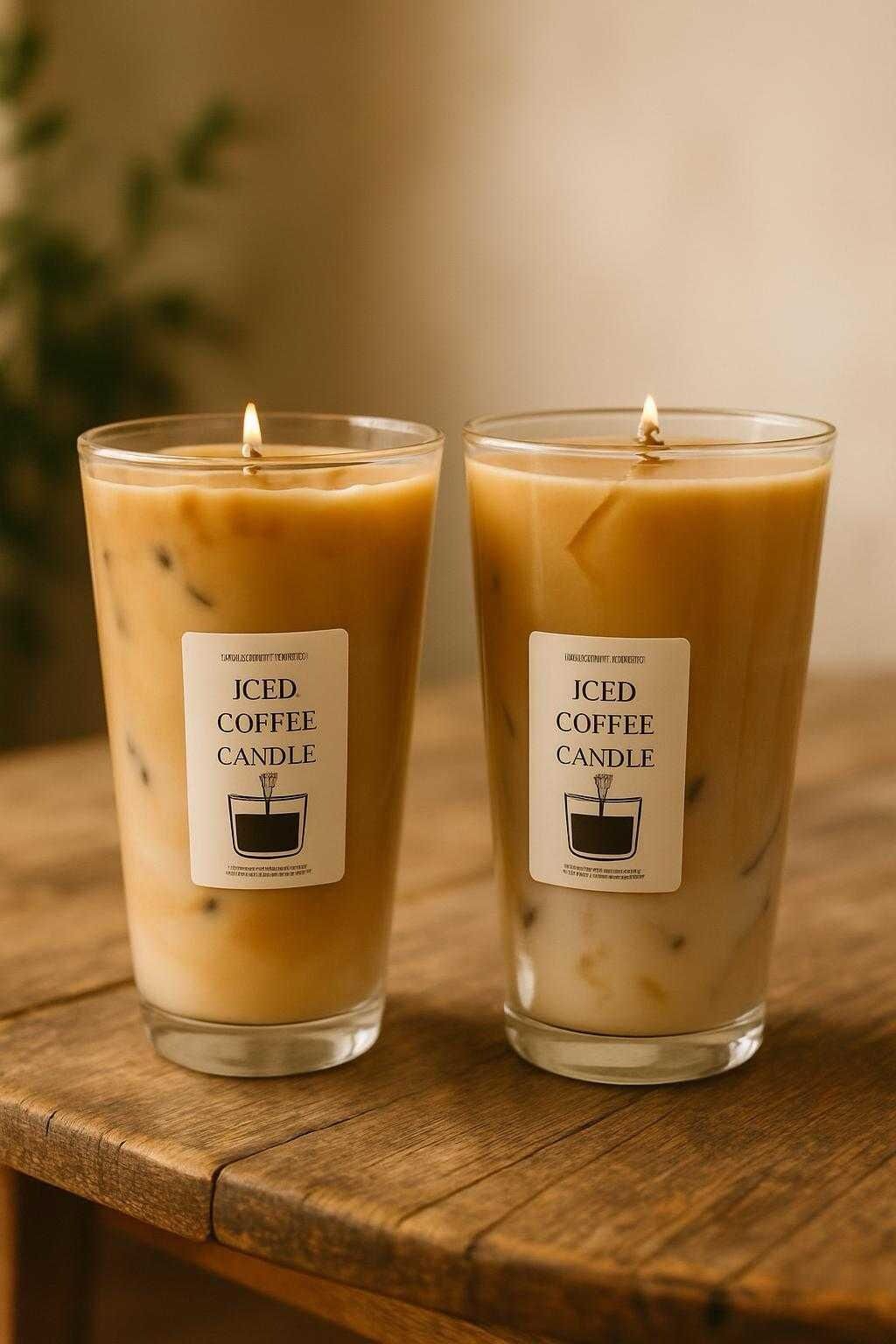 Handmade iced coffee candle in glass with realistic latte layers and coffee scent