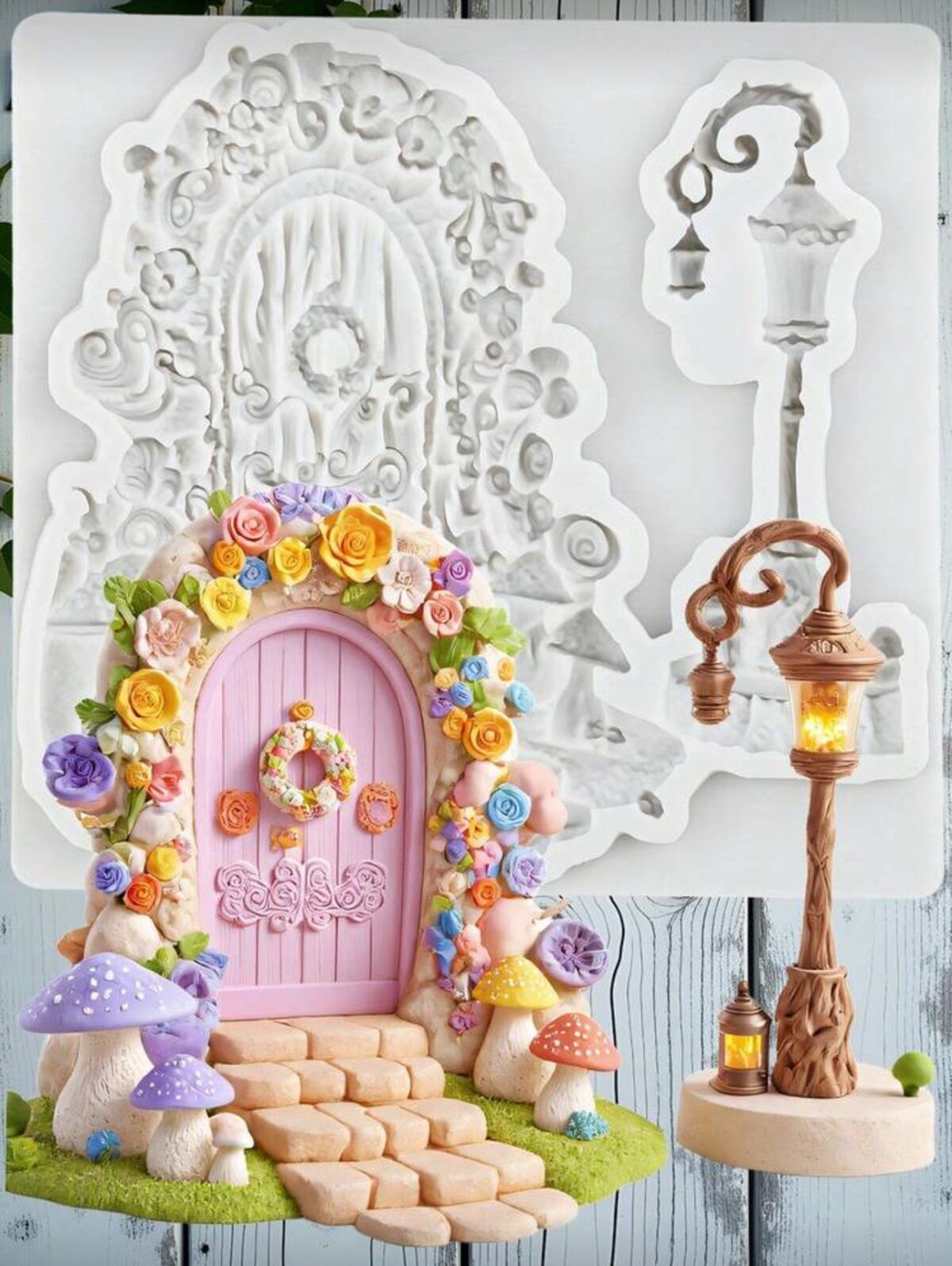 Fairy garden door silicone mold with street lamp design for fondant cake and polymer clay crafts