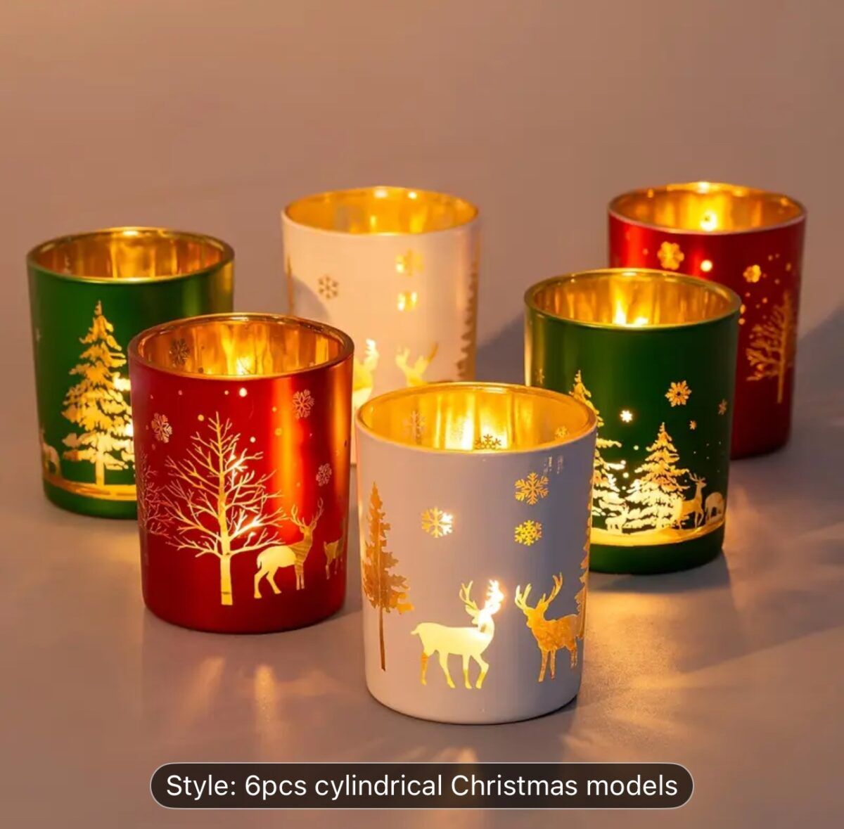Christmas mercury glass candle holders with carved festive designs for holiday home décor