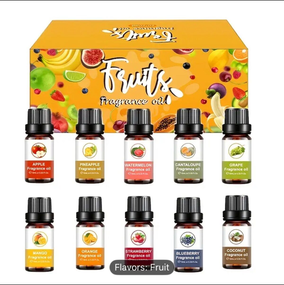 Premium fruity fragrance oil set for candle making with coconut, strawberry, mango, and pineapple scents