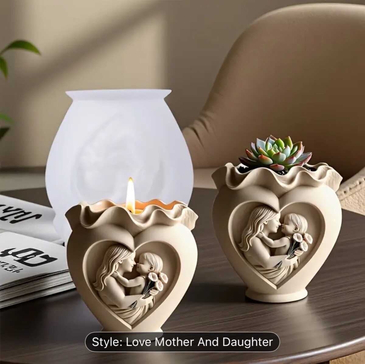 Elegant heart-shaped silicone mold with mother and child relief design for candle and resin crafts